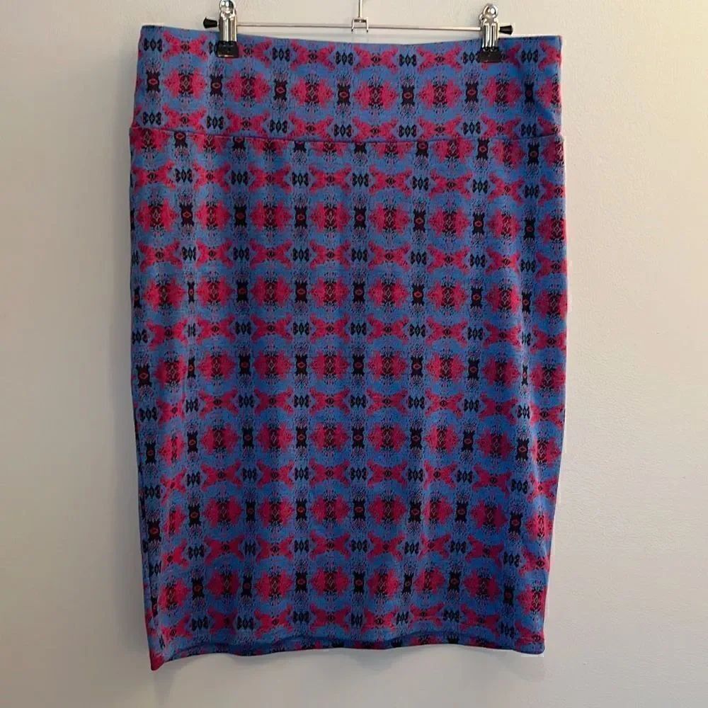 LulaRoe Cassie Women's Blue Pink Geometric Boho Pencil Skirt Large